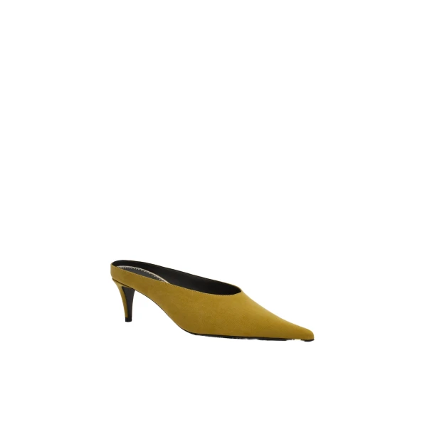 Pointed-toe kitten heel mules in green satin - Image 2
