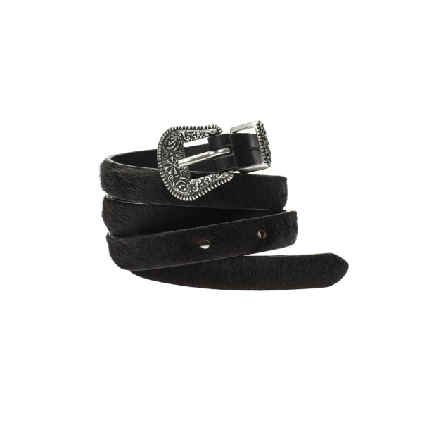 Pony hair leather belt with ornamental buckle in black - Image 2