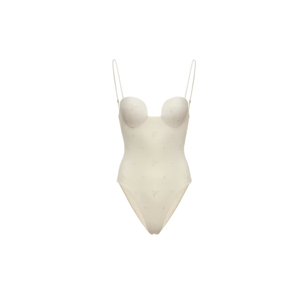 Retro bustier swimsuit in cream with embroidered roses