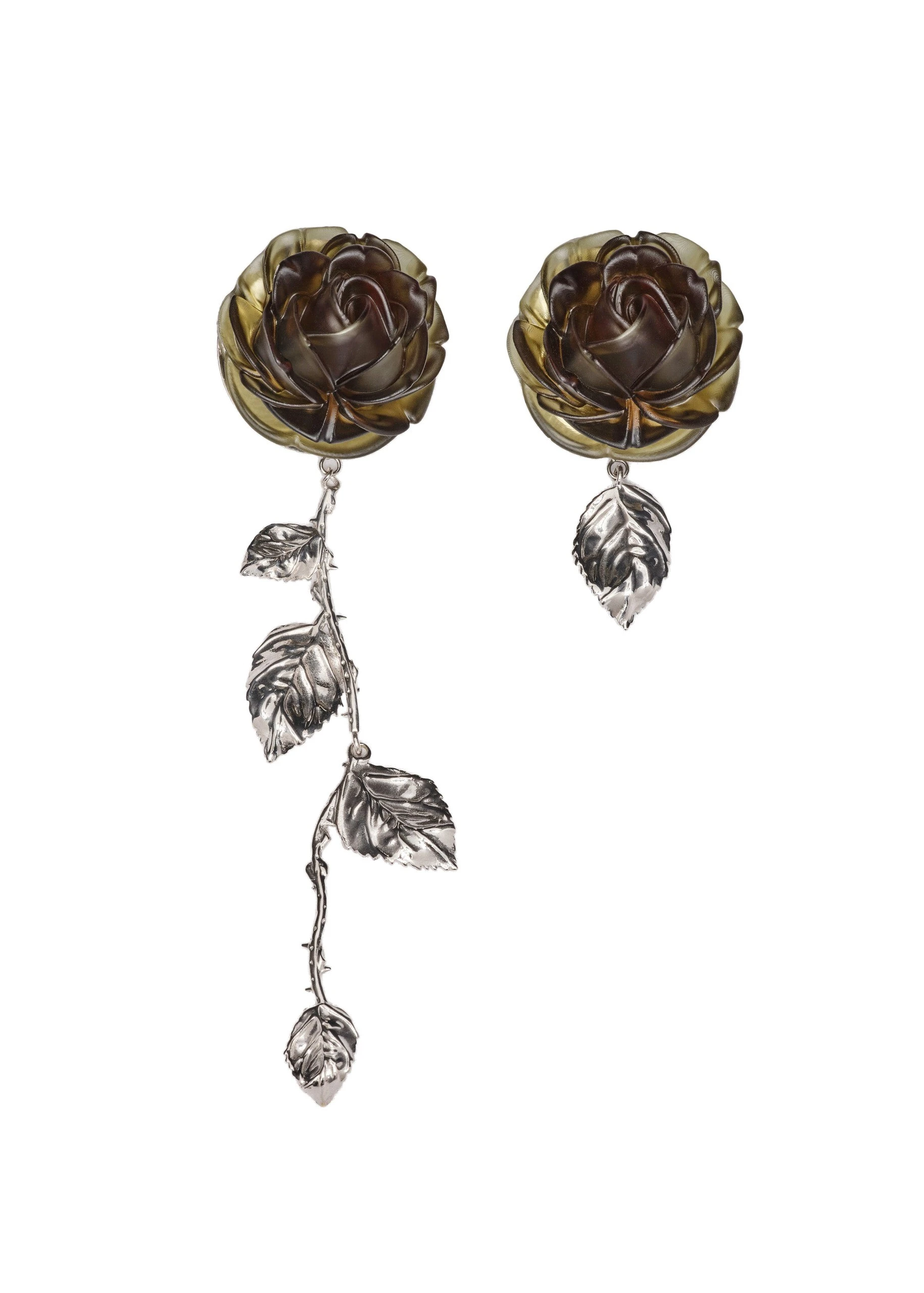 Magda Butrym Rose asymmetric drop earrings in khaki and silver | Coveti Magda Butrym Rose asymmetric drop earrings in khaki and silver