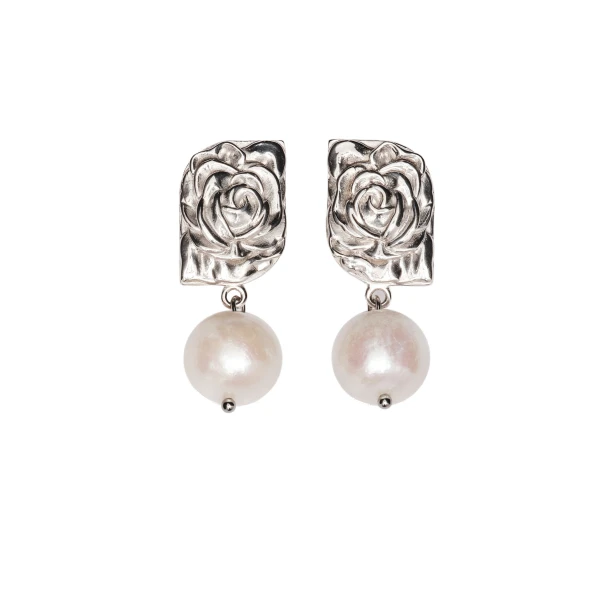 Rose-embossed pearl drop earrings in silver