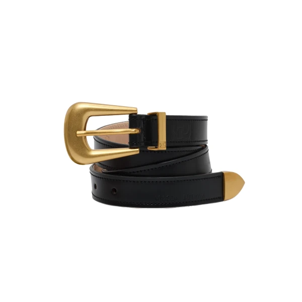Rounded buckle box leather belt in black and gold - Image 2