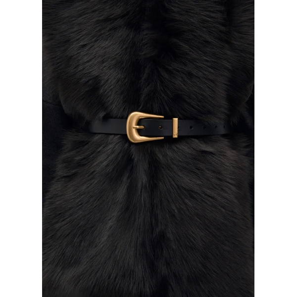 Rounded buckle box leather belt in black and gold - Image 3