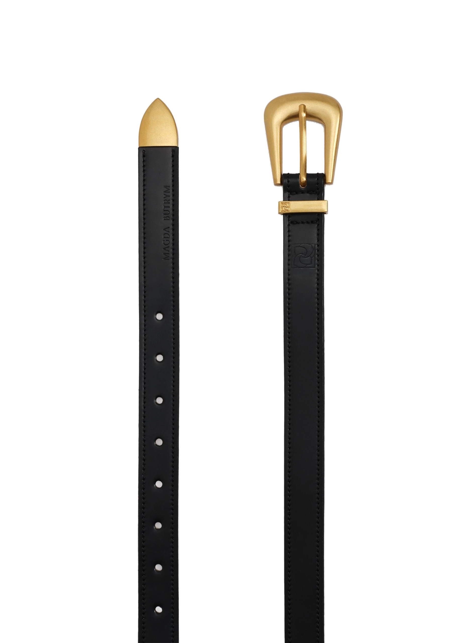Magda Butrym Rounded buckle box leather belt in black and gold | Coveti Magda Butrym Rounded buckle box leather belt in black and gold