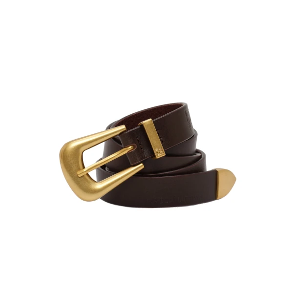 Rounded buckle leather belt in brown and gold - Image 2