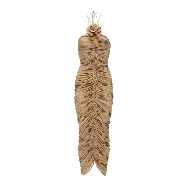 Magda Butrym Ruched halterneck flower dress in beige floral print