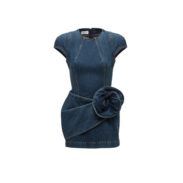 Magda Butrym Short-sleeve denim mini dress with sculpted flower in blue