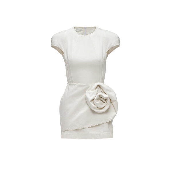 Magda Butrym Short-sleeve denim mini dress with sculpted flower in cream