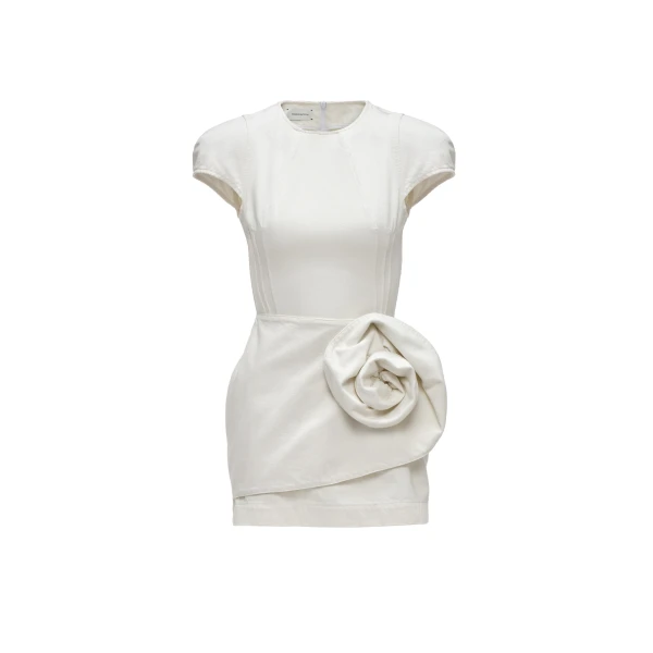 Magda Butrym Short-sleeve denim mini dress with sculpted flower in cream