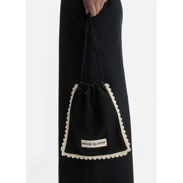 Silk pouch with crochet trim in black - Image 3