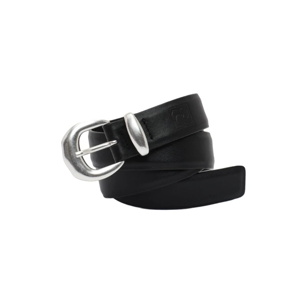 Silver-toned oval buckle leather belt in black - Image 2
