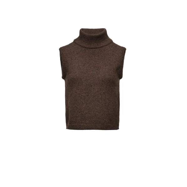 Sleeveless wool turtleneck top in dark brown