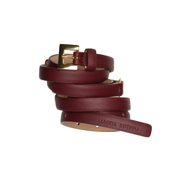 Slim leather belt with rectangular buckle in bordeaux - Image 2