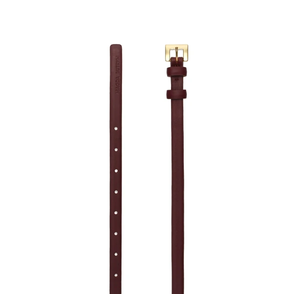 Slim leather belt with rectangular buckle in bordeaux