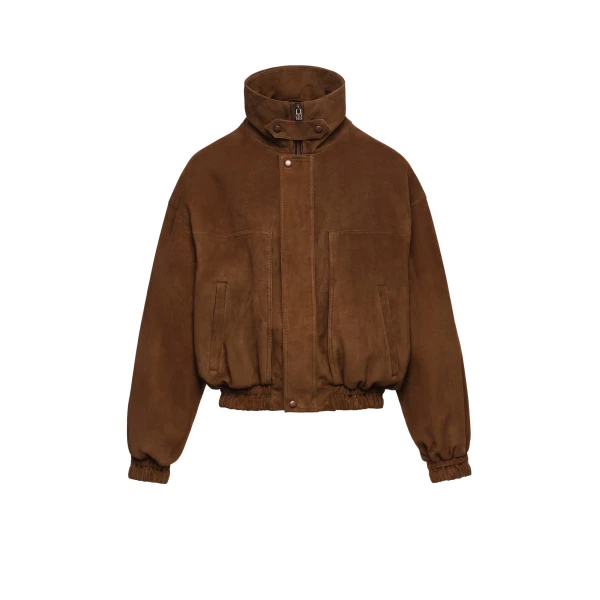 Snap-collar leather aviator jacket in brown suede