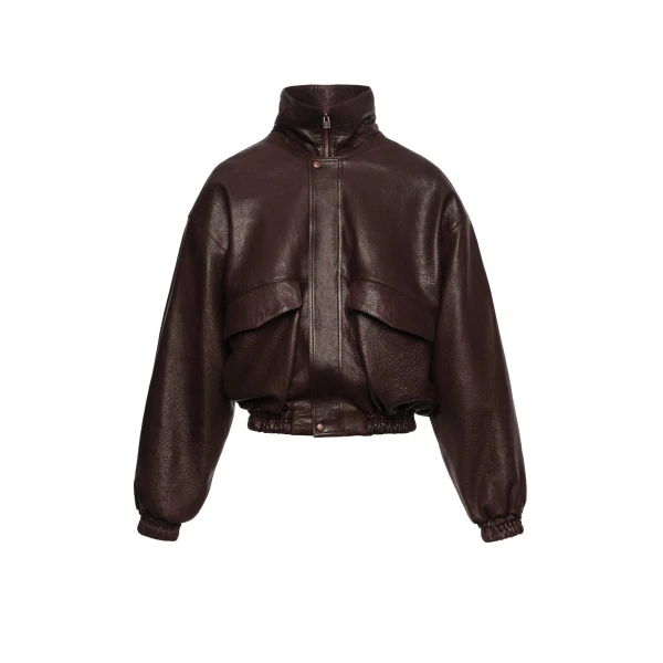 Stand collar leather jacket in dark brown
