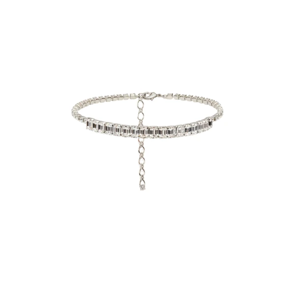 Thin choker necklace with baguette-cut silver crystals