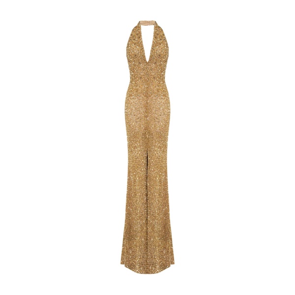 Marmar Halim Halter Neck Embroidered Dress With Slit