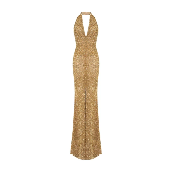 Marmar Halim Halter Neck Embroidered Dress With Slit