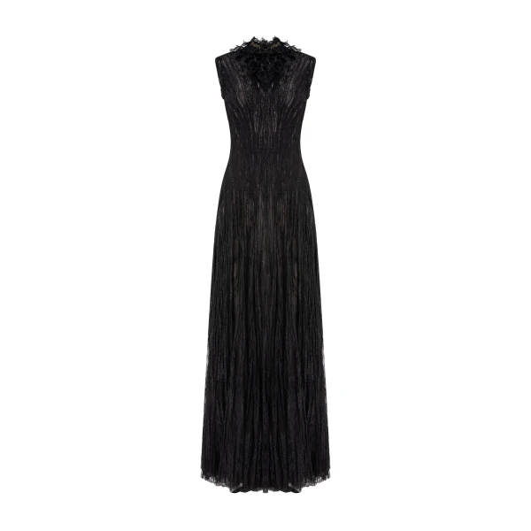 Marmar Halim High-Neck Pleated Lace Dress With Embroidered Detail