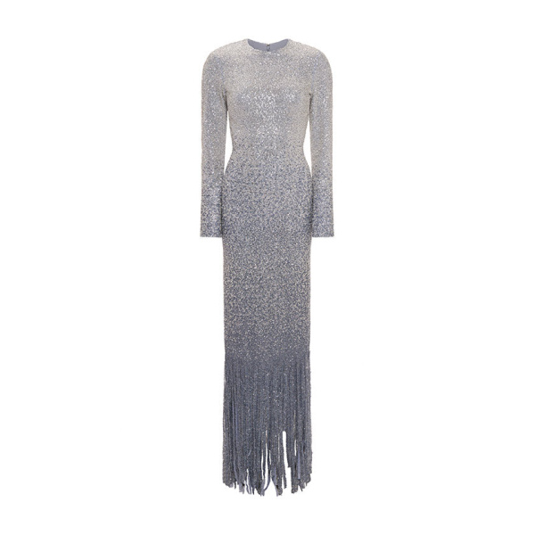 Marmar Halim Long-Sleeved Beaded Stone Gown With Strip Cuts Down