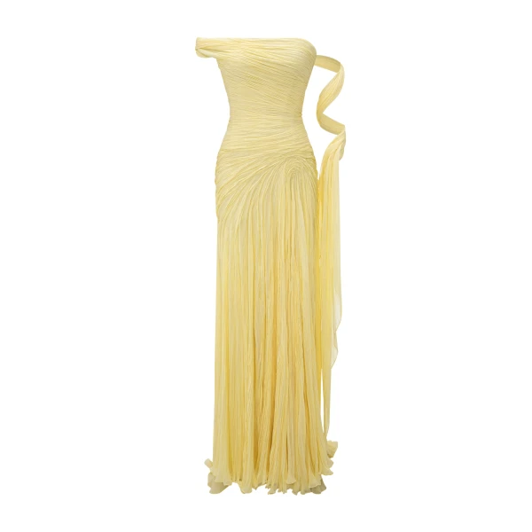 One-Shoulder Pleated Chiffon Dress With Slit