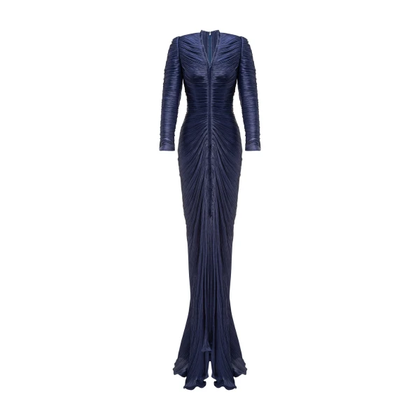 Marmar Halim Pleated Silk Dress in Navy Blue
