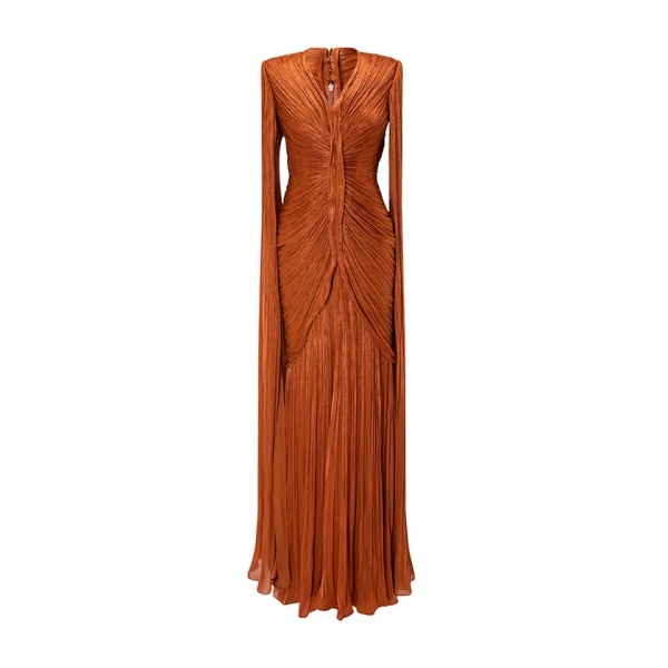 Marmar Halim Pleated Silk Dress in Orange