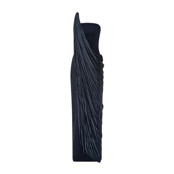 Marmar Halim Strapless Crepe Dress With Pleated Satin Cape And Embroidery Brooch