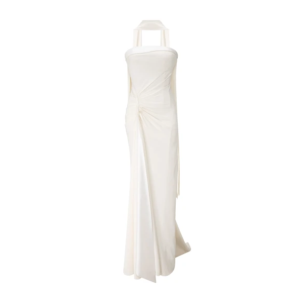 Strapless Crepe Dress With Satin Detail And Scarf