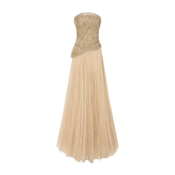 Marmar Halim Strapless Embroidered Dress With A-Line Cut Pleated Tulle