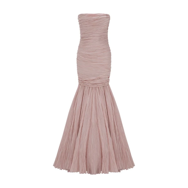 Marmar Halim Strapless Fish-Cut Hand Pleated Taffeta Dress With Cape