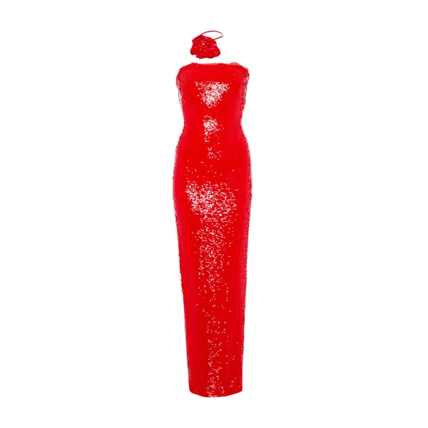 Marmar Halim Strapless Full Payette Fitted Gown With Flower Neck Piece