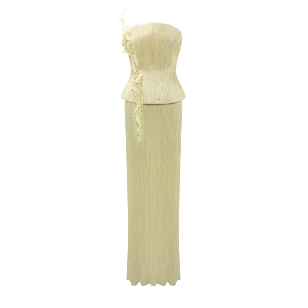 Marmar Halim Strapless Hand Pleated Silk Dress With Embroidery