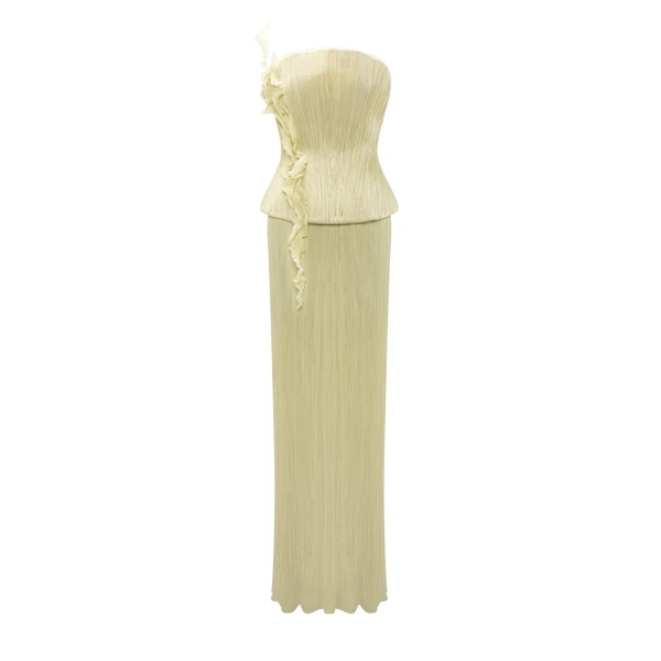 Strapless Hand Pleated Silk Dress With Embroidery