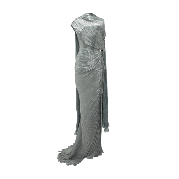Strapless Pleated Silk Dress With Cape