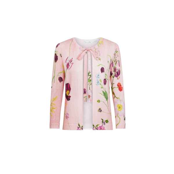 Oscar de la Renta Mixed Botanical Tie-Neck Cardigan | Knitwear | Coveti