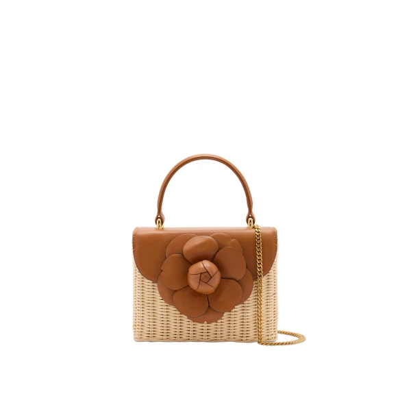 Oscar de la Renta Wicker Mini TRO Bag in Natural Wicker with Cognac