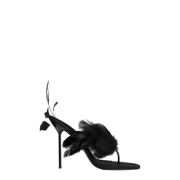 Lidia 105 Feather Thong Mules in Black Crepe Satin with Feathers