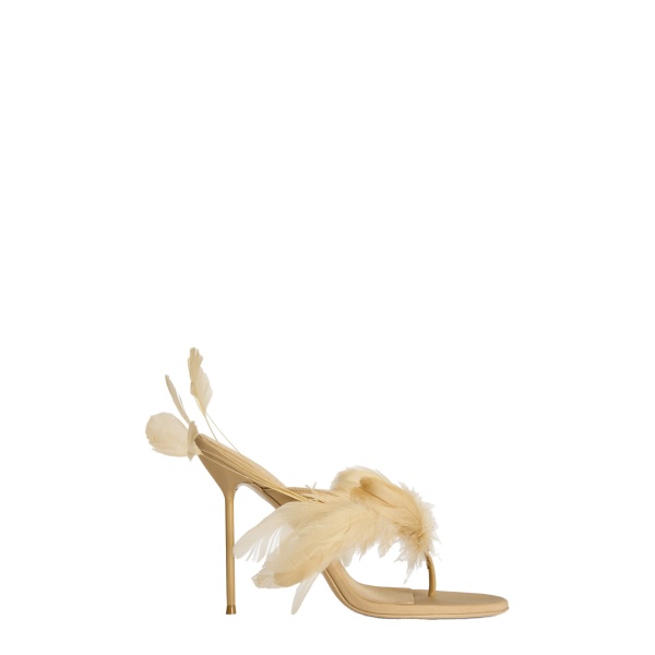 Paris Texas Lidia 105 Feather Thong Mules in Honey Crepe Satin with Feathers