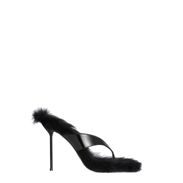 Lidia 105 Fur Thong Sandals in Black Patent Leather and Fur
