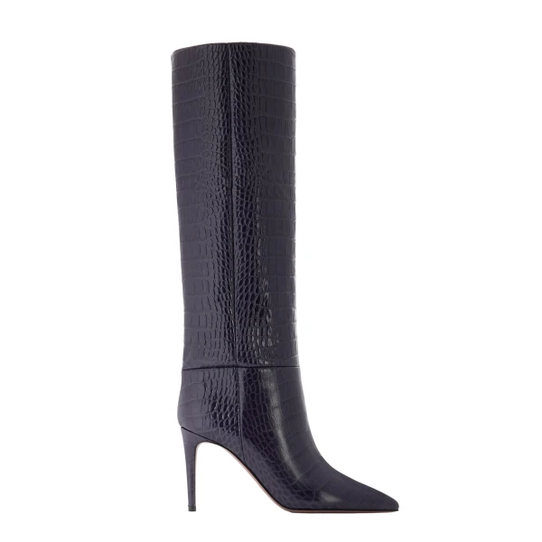 Paris Texas Stiletto 85 Boots in Violet Black Croc-Embossed Leather