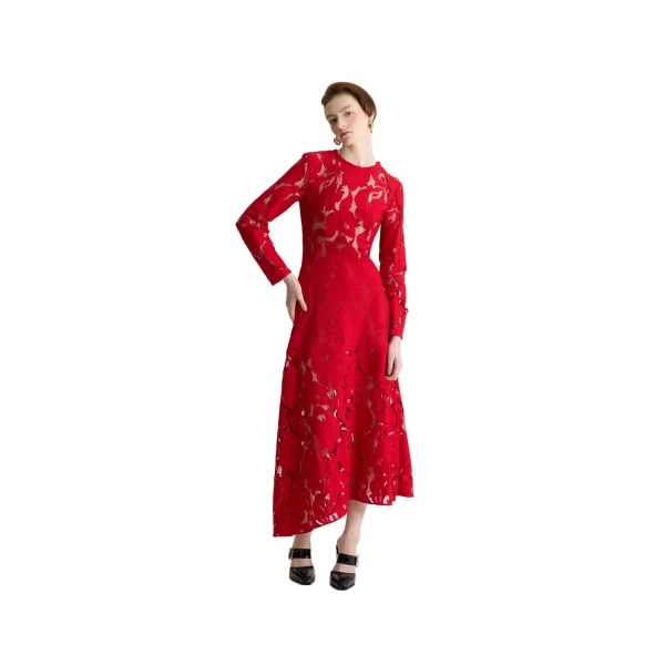 Asymmetric midi dress in Babylone Red organic cotton blend lace - Image 2