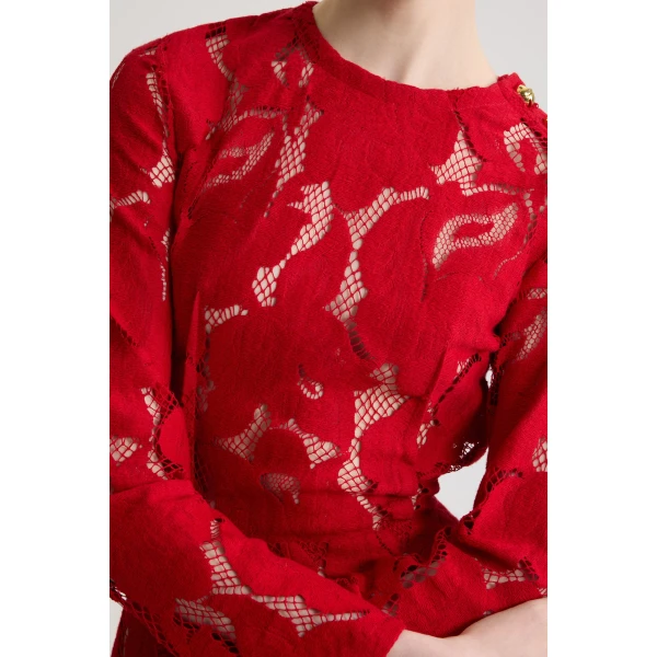 Asymmetric midi dress in Babylone Red organic cotton blend lace - Image 4