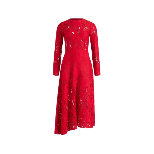 Asymmetric midi dress in Babylone Red organic cotton blend lace