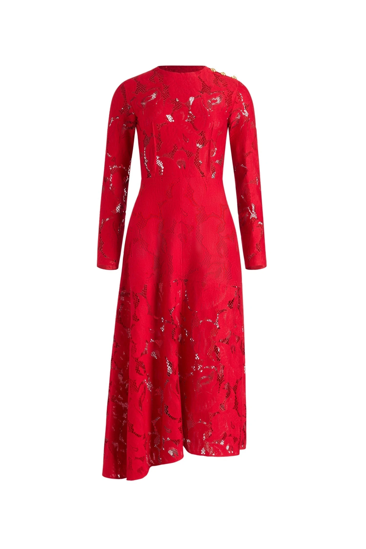 Patou Asymmetric midi dress in Babylone Red organic cotton blend lace | Dresses | Coveti Patou Asymmetric midi dress in Babylone Red organic cotton blend lace