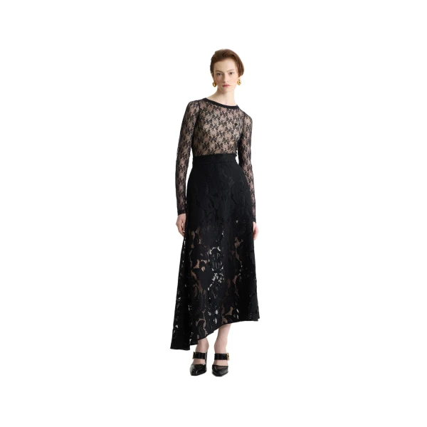 Asymmetric midi skirt in Black organic cotton blend lace - Image 2