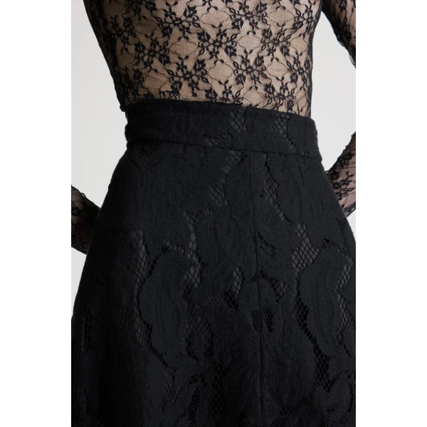 Asymmetric midi skirt in Black organic cotton blend lace - Image 4