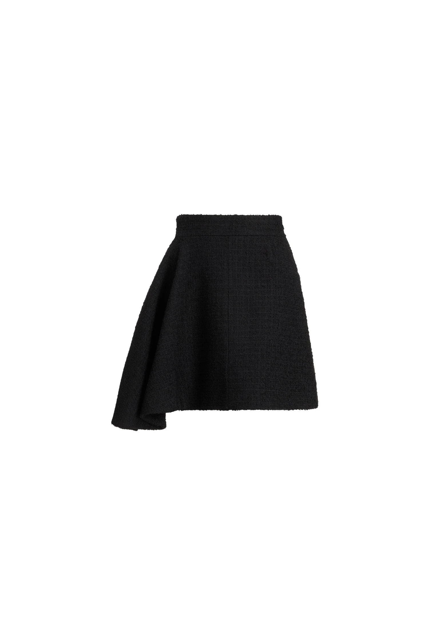 Patou Asymmetric mini skirt in Black sustainable wool blend tweed | Skirts | Coveti Patou Asymmetric mini skirt in Black sustainable wool blend tweed
