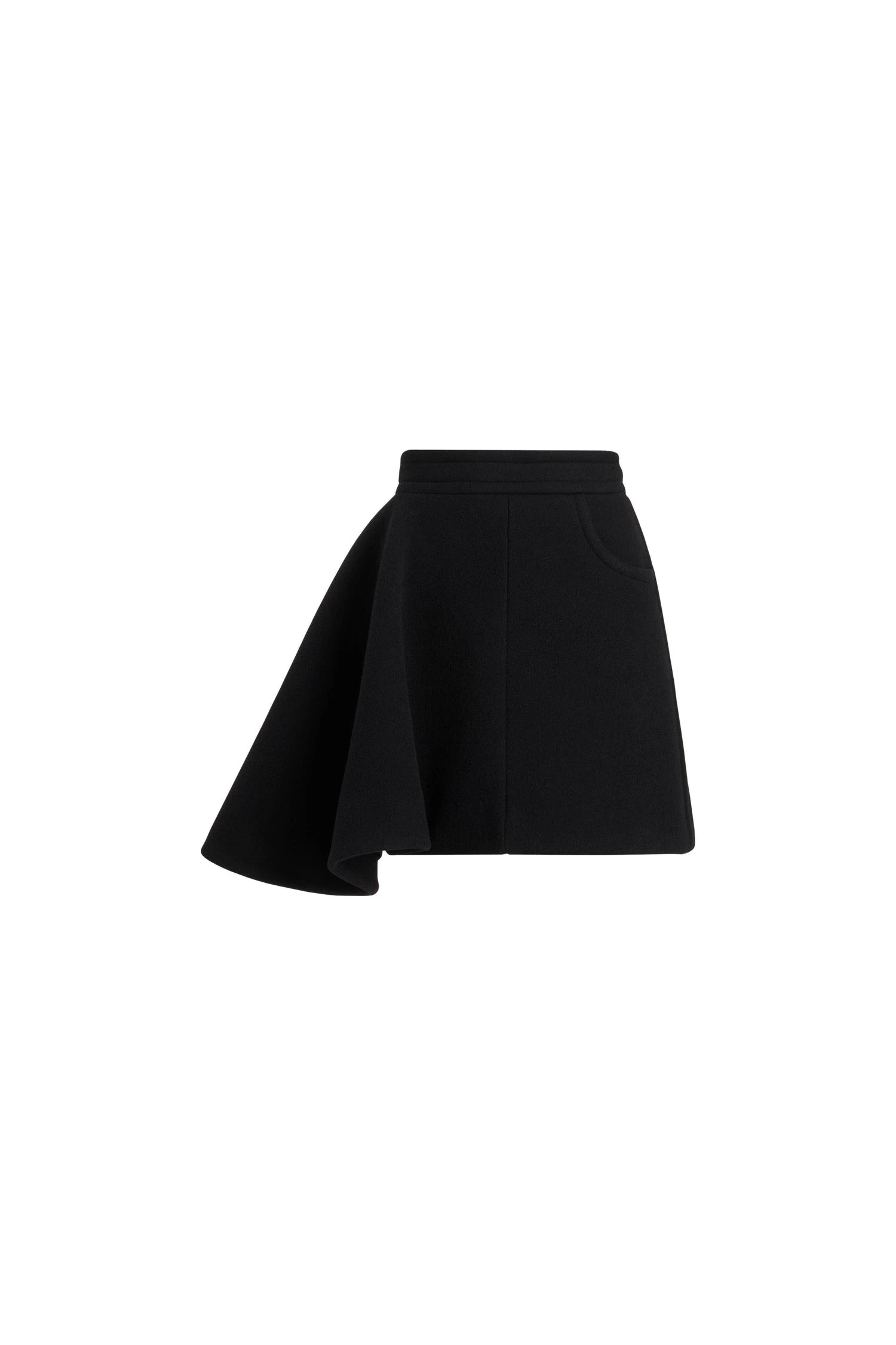 Patou Asymmetric mini skirt in Black sustainable wool blend | Skirts | Coveti Patou Asymmetric mini skirt in Black sustainable wool blend